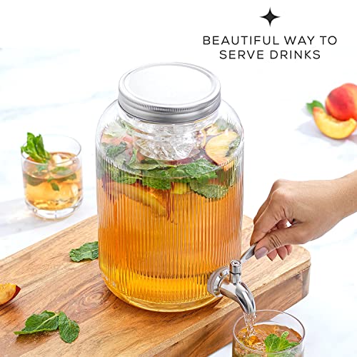 Fluted 1 Gallon Drink Dispenser. Glass Beverage Dispenser with Stainless steel Spigot plus Ice Cylinder and Fruit Infuser! Water Dispenser