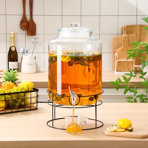 1 Pack 4 Gallon Glass Drink Dispenser for Parties Large Glass Beverage Dispenser with Stand and Spigot Leakproof Water Storage Lemonade Juice Jar Mason with Lid for Wedding Parties Kitchen (4 Gallon)