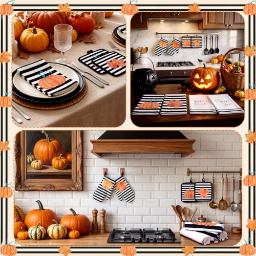 10 Pcs Fall Pumpkin Kitchen Decor Set Kitchen Towels Pot Holders Oven Mitts and Rugs Set Thanksgiving Towels for Baking Cooking BBQ Autumn Home (Black, White, Orange / Stripe Pumpkins)