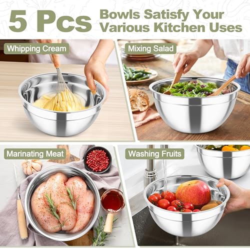 Mixing Bowls Stainless Steel Salad Serving Bowl with Clear Lids (Khaki)