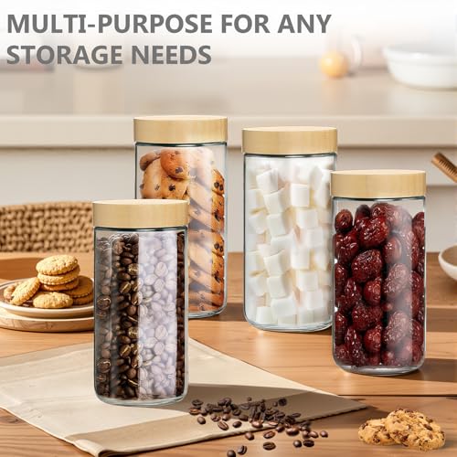 4 Pack 24oz Overnight Oats Containers with Airtight Bamboo Lids (24oz Natural Lids 4 Spoon-4P)