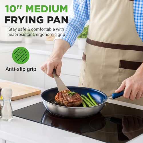 10'' Medium Fry Pan with Lid (Silver exterior/Blue interior / 10")
