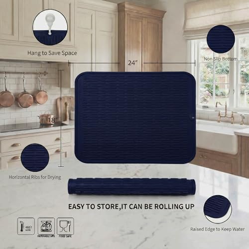 Silicone Dish Drying Mat for Multiple Usage (Navy Blue / 24"L x 18"W)