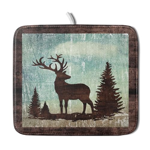 Retro Deer Forest Cabin Silhouette Dish Drying Mat Countertop 16x18 Fall Blue Sky Cloud Cartoon Elk Wild Animal Bushes Drainer Mat Pine Tree Grass Dishes Pad Rustic Dish Drainer Rack (18" x 16")