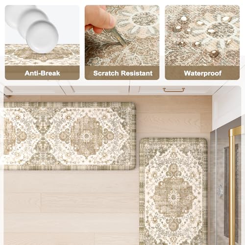 Anti Fatigue Mats for Kitchen Floor 2 piece (Khaki/Multi / 17.3" x 47"+17.3" x 29"--0.47 inches)