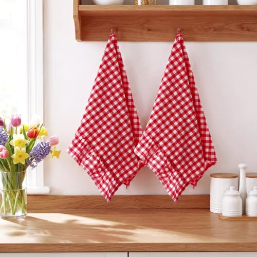 2 Pcs Red Gingham Kitchen Towels Cotton Ruffled (Red / Gingham)
