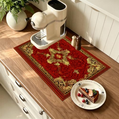Luxury Baroque Red Dish Drying Mat 18x24 Inch (12 / 18" x 24")