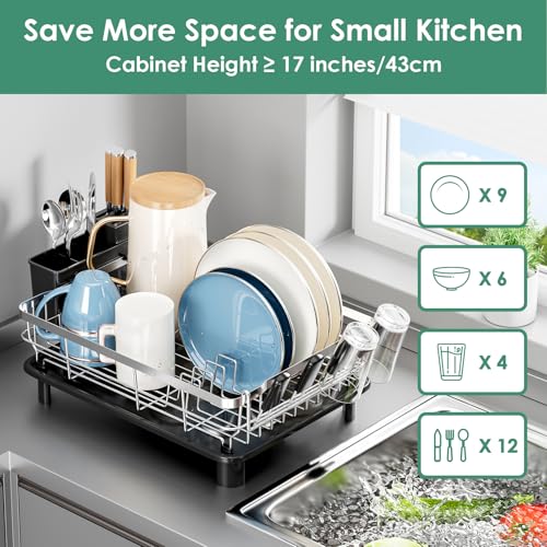 Stainless Steel Dish Drying Rack for Kitchen Counter (Black Silver / 13''W x 17''L)