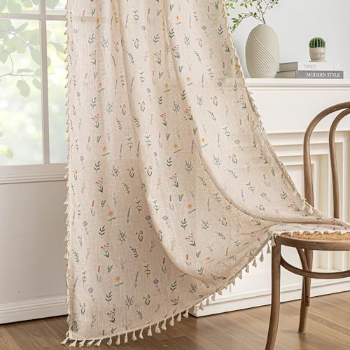 Floral Boho Farmhouse Curtains 96 Inches Long Linen Blend Light Filtering Living (Flesh Pink / 50"W x 96"L (Pack of 2))