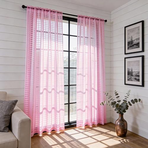 Check Sheer Curtains 72 Inches 2 Panels Set (Check - Pink / 52"W x 72"L (Pack of 2))