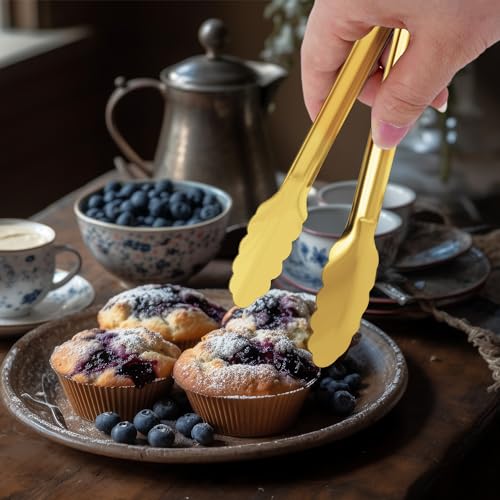 4 Pack Gold Serving Tongs XEVOM Buffet Tongs Serving Utensils Salad Tongs Stainless Steel Gold Plated Buffet Serving Tongs