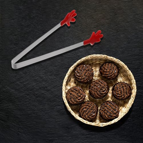 Mini Food Tongs 5.67" Hand Shape Stainless Steel with Silicon Tips Small Cooking Tongs Kitchen Food Tongs Serving Tongs for Cooking Grilling BBQ Barbecue Kitchen (Red)