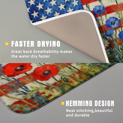 Patriotic American Flag Dish Drying Mat for Kitchen Counter 16x18 4th of July Red Blue White Floral Rustic Absorbent Reversible Microfiber Drying Mats Kitchen Countertop Protector Dishes Drainer Pad (16" x 18")