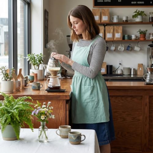 Linen Cotton Pinafore Apron Dress for Women with Pockets (Sage Green)