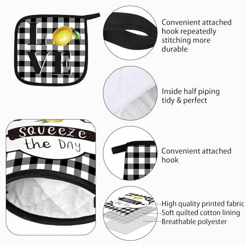 5 Pcs Buffalo Plaid Kitchen Towels Oven Mitts and Pot Holder Set (Lemon)