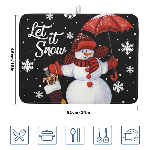 Black Snowman Dish Drying Mats for Kitchen Counter (Let It Snow / 18" x 24")