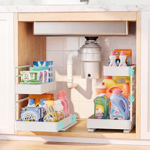 Height Adjustable 2 Tier Metal Pull Out Slide Shelf Organizer for Framed or Frameless Under Sink Cabinets in Kitchen (2 Sets / White)