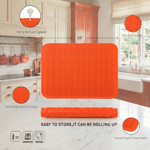 Silicone Dish Drying Mat for Multiple Usage (Orange / 28"L x 18"W)