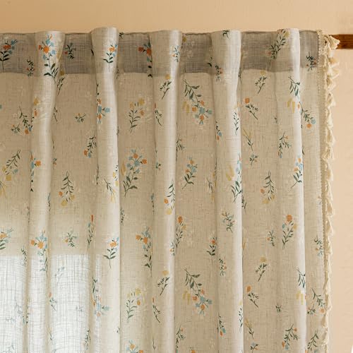 Boho Floral Linen Curtains 63 Inch Length 2 Panels Farmhouse Bohemian Spring Patterned Semi Sheer Drapes with Tassels Back Tab for Living Room Bedroom (Blue and Orange / 50"W x 63"L (Pack of 2))
