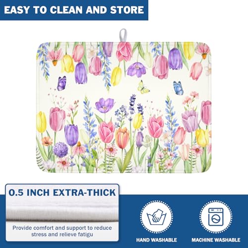 Spring Floral Dish Drying Mat for Kitchen Counter Easter Tulip Lavender Flower Microfiber Dish Drainer Mat Rustic Farmhouse Absorbent Washable Drying Pad Extra Large 18"x24" (Spring Summer Tulip / 24" x 18")