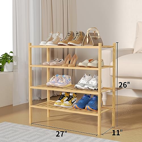 4 Tier Bamboo Shoe Rack for Closet Free Standing Wood Shoe Shelf for Entryway Small Space Stackable 27"x11"x26" (Natural / 4 tier)