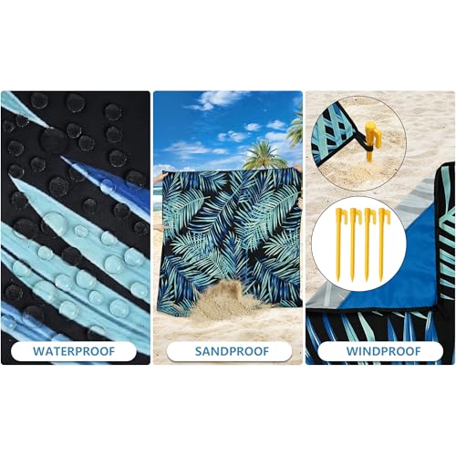 Beach Blanket Mat Waterproof Sandproof for 2 (Leaves Black / 79" X 83"（1-4person）)
