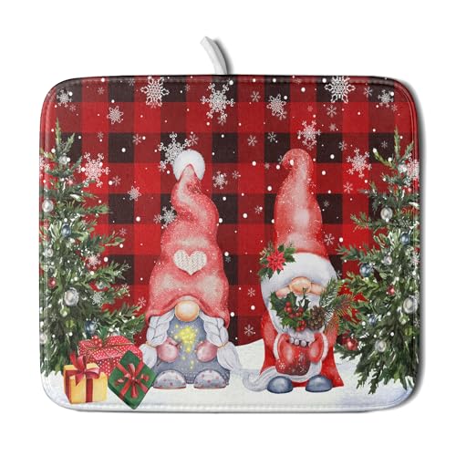 Winter Gnome Dish Drying Mat 16x18 inch Christmas Elf Trees Snowflakes Dish Drainer Mats Black Red Buffalo Plaids Fast Drying Absorbent Dish Drying Pad for Kitchen Countertop Holiday Decor (18" x 16")