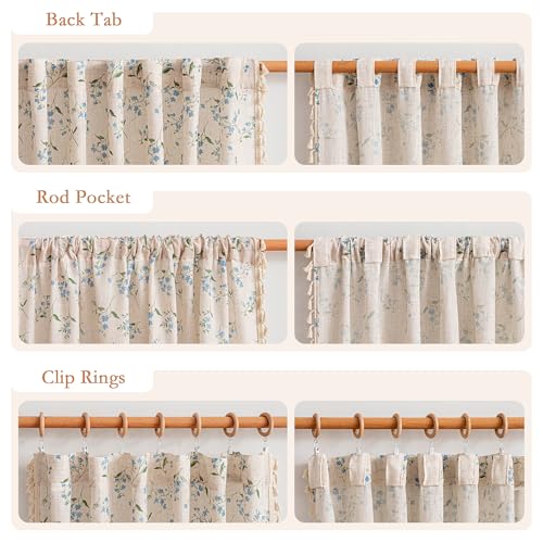 Blue Floral Farmhouse Semi Sheer Curtains 84 Inches Long Linen Blend Boho Vintage Light Filtering Privacy Rustic Country Drapes with Tassel Back Tab for Living (Blue / 50"W x 84"L (Pack of 2))