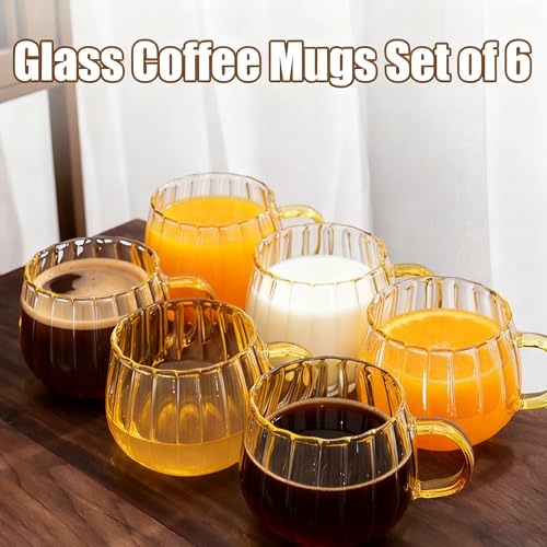 12oz Clear Glass Coffee Mugs Set of 6 Ribbed Coffee Cups With Handles Modern Cute Glass Tea Mug Cup for Hot Beverage (Ribbed)