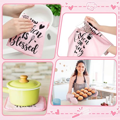 8 Pcs Kitchen Towels and Oven Mitts Sets Pot Holders Dishcloths Set Kitchen Decorative Accessories Absorbent Potholders Heat Resistant for Chef Baking Cooking (Pink / Simple)