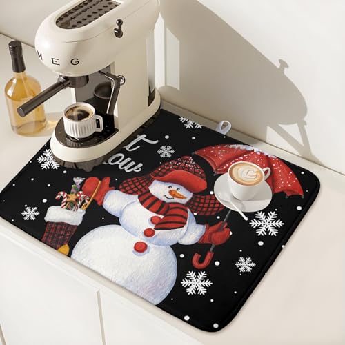 Black Snowman Dish Drying Mats for Kitchen Counter (Let It Snow / 18" x 24")