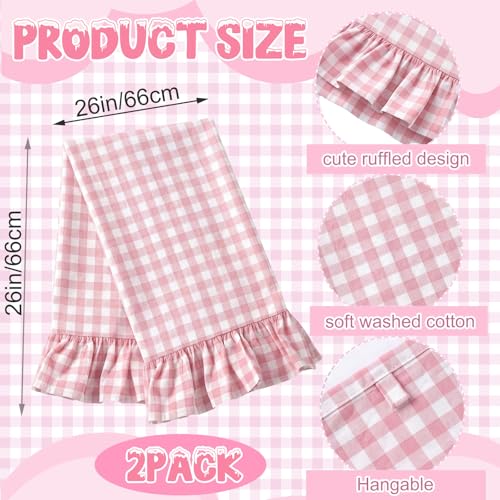 2 Pcs Light Pink Gingham Kitchen Towels Cotton Ruffled (Light Pink / Gingham)