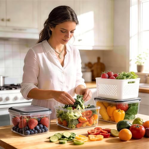 6 PCS Fruit Storage Containers for Fridge with 6 Removable Colanders (6 Pack)