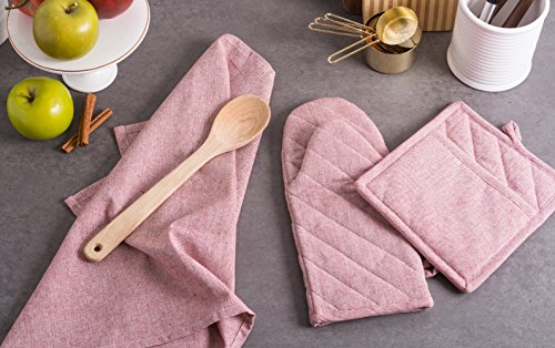 100% Cotton Solid Chambray Kitchen Set (Barn Red / Potholders)