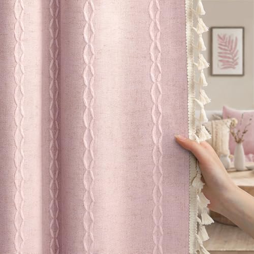 Pink 100% Boho Blackout Curtains 84 Inch 2 Panels with Tassels (Pink / 52"W x 84"L (Pack of 2))