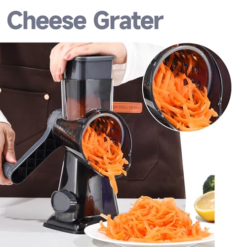 Rotary Cheese Grater with Handle Kitchen Shredder Slicer Grater Slicer Ice Shaver Cheese Vegetable Nuts Potato Zucchini Chocolate 3 Interchangeable Blades (9.06"L x 4.33"W x 9.07"H / Dark Grey TSP)