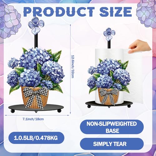 Blue Hydrangea Paper Towel Holder Summer Hydrangea Kitchen Decor Metal Flowers Paper Towel Holder Stand with Round Base for Summer Kitchen Bathroom Countertop Toilet Accessories (Hydrangea)
