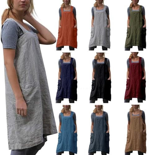 Japanese Pinafore Apron Smock Cotton Apron with Pockets Plus Size Aprons for Women (Brown / Medium)