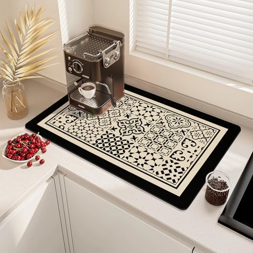 Coffee Mat Dish Drying Mat Hide Stain High Absorbent Bar Mat for Countertops Easy Clean (Black Boho / 24" x 16")