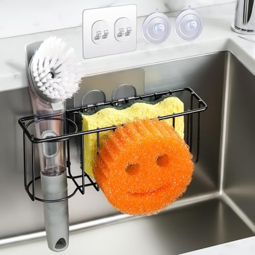 3-IN-1 Multiuse Sponge Holder for Kitchen Sink, Sponge Caddy for Scrub Daddy/Scrub Mommy Smiley Face, Sink Organizer Accessories for Dish Brush, Scrubber - with 2 Suction Cups & 1 Adhesive Hook (3-in-1 / Black Smiley Face)
