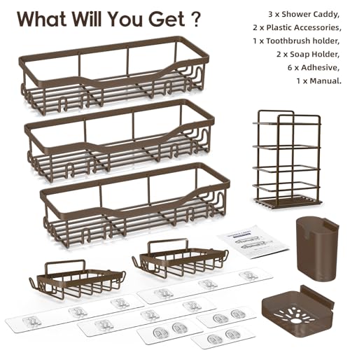 Shower Caddy Adhesive Shower Organizer 8 (Brown / 8-Piece Set)