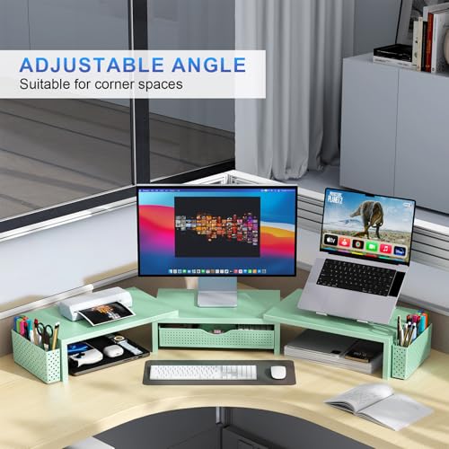 Dual Monitor Stand Riser With Drawer and 2 Pen Holders (Sage Green)