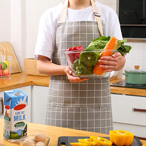 2 Pieces Cotton Linen Waterproof Bib Kitchen Apron with Pockets (Grey/Green)