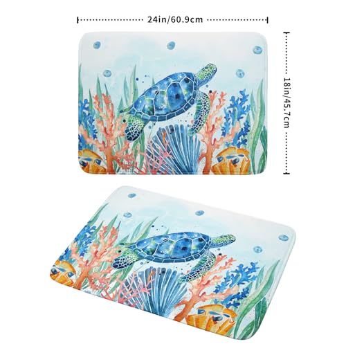 Sea Turtle Dish Drying Mat 18x24in Watercolor Blue Tortoise Dish Drainer Mats Nautical Ocean Coral Seashell Seaweed Microfiber Dish Drying Pad for Kitchen Countertop Large Decor (24" x 18")