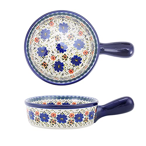 Vintage Style Blue Flowers Phalaenopsis Pottery Bakeware Ceramic Casserole Dish Baking Pan Lasagna Pans Baking Dish with Handles for Oven to Table (Blue Flowers / 20 OZ)