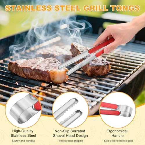3 Pack Grill Tongs (Red, Black / 8.8/10/11.6 Inch)