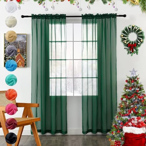 Solid Sheer Rod Pocket Curtain Voile Draperies 2 Panels White Beige Black Foliage Green 70 Inch Width 96 Inch Long 1 Pair for Kitchen Bedroom Children Living Room Yard (Foliage Green / 70"W x 96"L (Pack of 2))