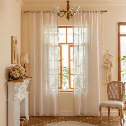 Boho Cream Curtains with Macrame 72 Inch Length (Z-natrual / 50"W x 72"L (Pack of 2))