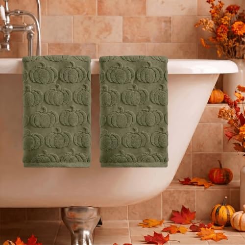 2 Pcs Olive Green 3D Pumpkin Jacquard Hand Towels for Bathroom (13.7" x 29.5", 2PCS / Olive Green)