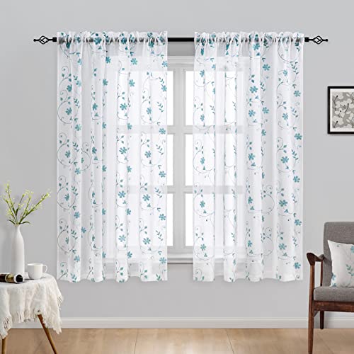 White and Blue Embroidered Floral Sheer Curtains 63 Inch Length 2 Panels Flower Pattern Semi Sheer Window Curtains for Bedroom Living Room (52"W x 63"L (Pack of 2) / White & Blue)